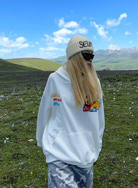 BCRA美式心情小狗刺绣魔术贴连帽卫衣男女秋冬宽松休闲情侣帽衫潮