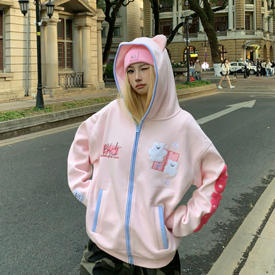 BCRA美式卡通小熊耳朵连帽卫衣开衫男女秋冬加绒宽松情侣外套上衣