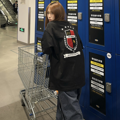 BCRA国潮牌美式字母植绒刺绣短袖T恤男女夏季重磅宽松情侣上衣ins