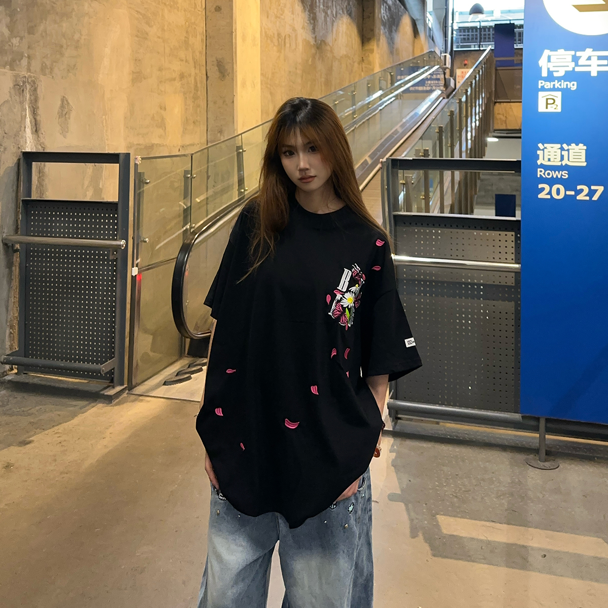 BCRA美式复古花瓣刺绣字母短袖T恤男女夏季宽松国潮重磅情侣上衣T