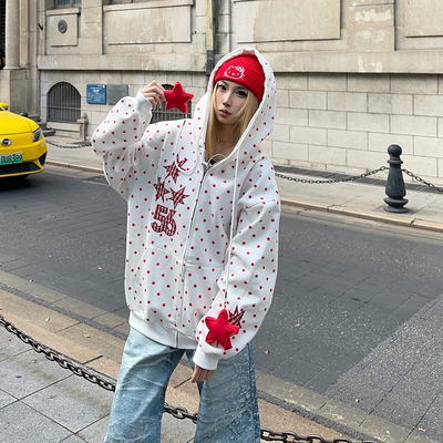 BCRA原创美式星星满印连帽卫衣开衫男女春季新款宽松休闲情侣外套