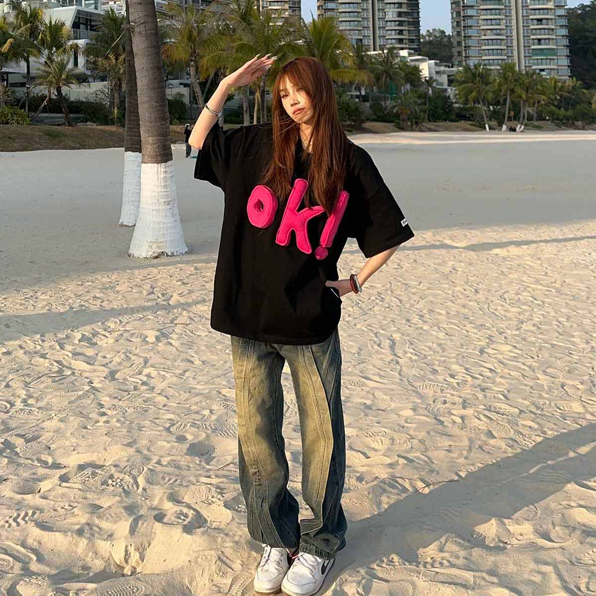 BCRA 美式复古立体OK字母短袖T恤男女夏季宽松休闲百搭情侣装上衣