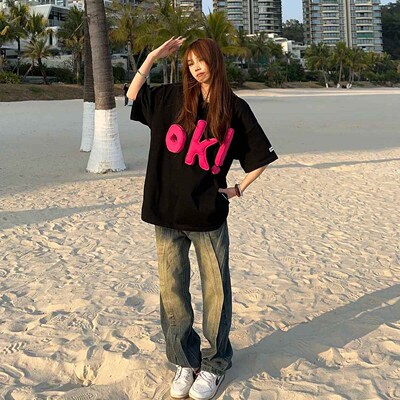 BCRA 美式复古立体OK字母短袖T恤男女夏季宽松休闲百搭情侣装上衣