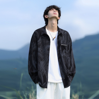 春秋季美式扎染男士长袖衬衫日常休闲开衫宽松翻领潮流高级感外套
