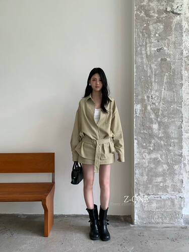 Z-one松驰感穿搭宽松长袖衬衫阔腿配短裙抽绳套装女2026秋季老钱