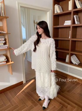 Fourseven2025秋冬新款重工立体花朵针织衫女宽松软糯中长款毛衣