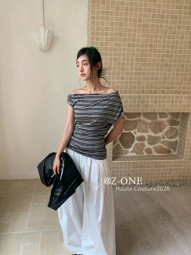 Z-one夏季新款AY百搭休闲条纹斜肩不规则T恤弹力修身上衣绑带女