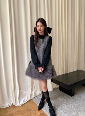 FOUR SEVEN 2025秋冬原创 韩版重工网纱拼接小香风面料A字背心裙