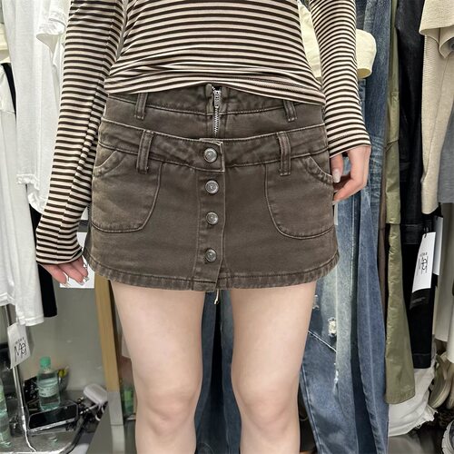 Match十三行2026美式复古辣妹风双腰头牛仔半身裙女低腰纽扣短裙