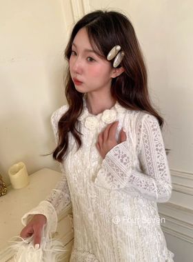 Fourseven十三行秋装女装新款翻领甜美花边袖口衬衫打底黑白内搭