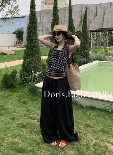 Doris Eight复古松弛感抽绳休闲阔腿裤女2026夏新款宽松垂感长裤