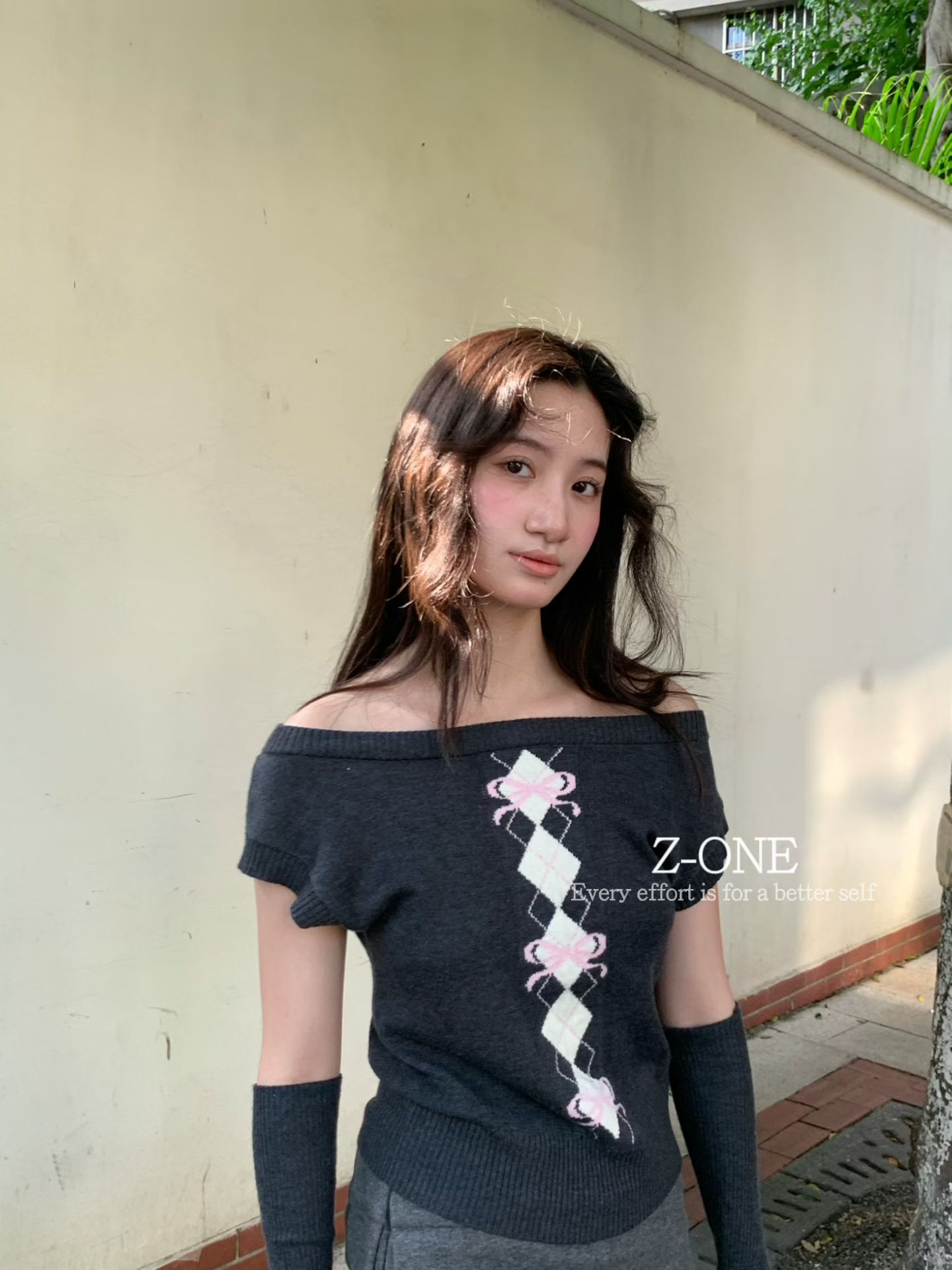 Z-ONE菱格蝴蝶结刺绣针织漏肩复古短款上衣配袖套减龄少女感软糯