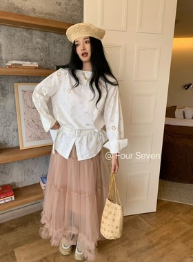 Fourseven十三行正版法蕾女孩浪漫蕾丝腰带衬衫秋季气质宽松衬衣
