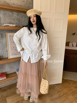 Fourseven十三行正版法蕾女孩浪漫蕾丝腰带衬衫秋季气质宽松衬衣