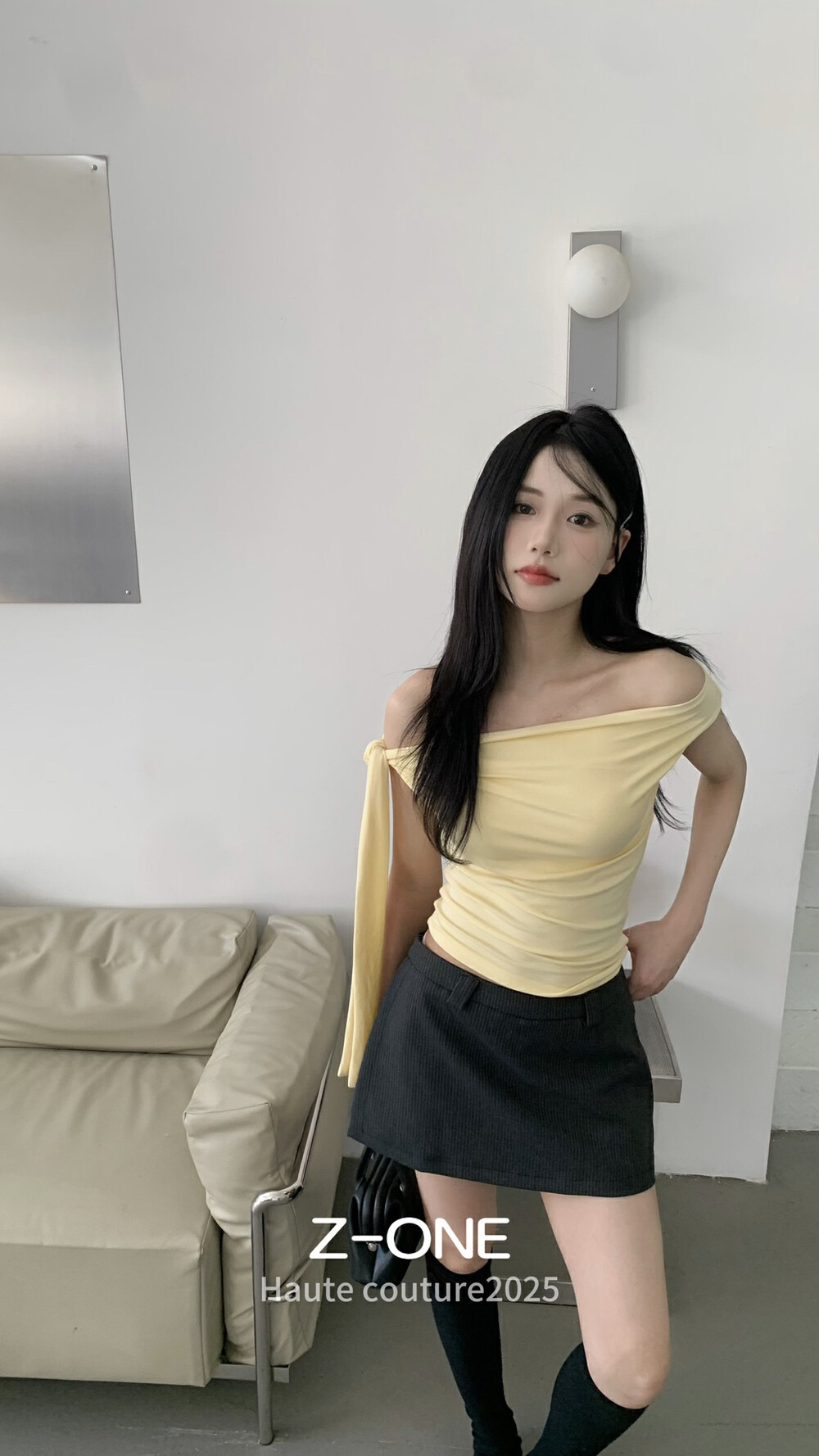 Z-one2025新款单肩领时尚显瘦系带短袖T恤短款上衣多色一字肩女