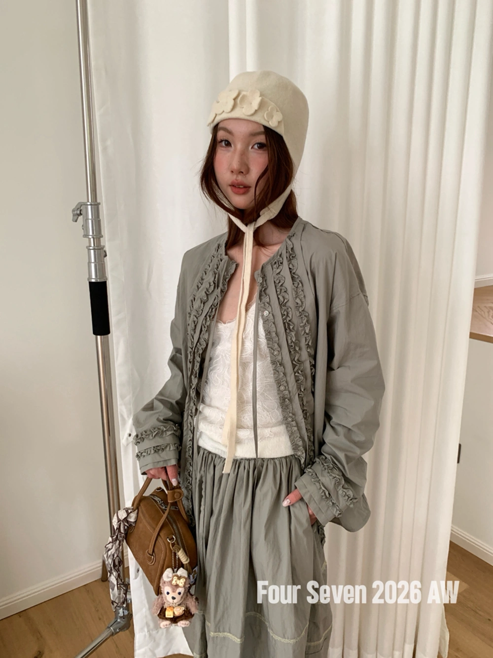 Four Seven森系灰绿长袖开衫高腰蕾丝拼接大摆半身长裙休闲套装图片