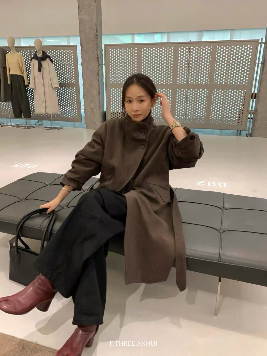f.three三姐妹立领毛毛内里外套女2025冬季中长款过膝宽松大衣潮