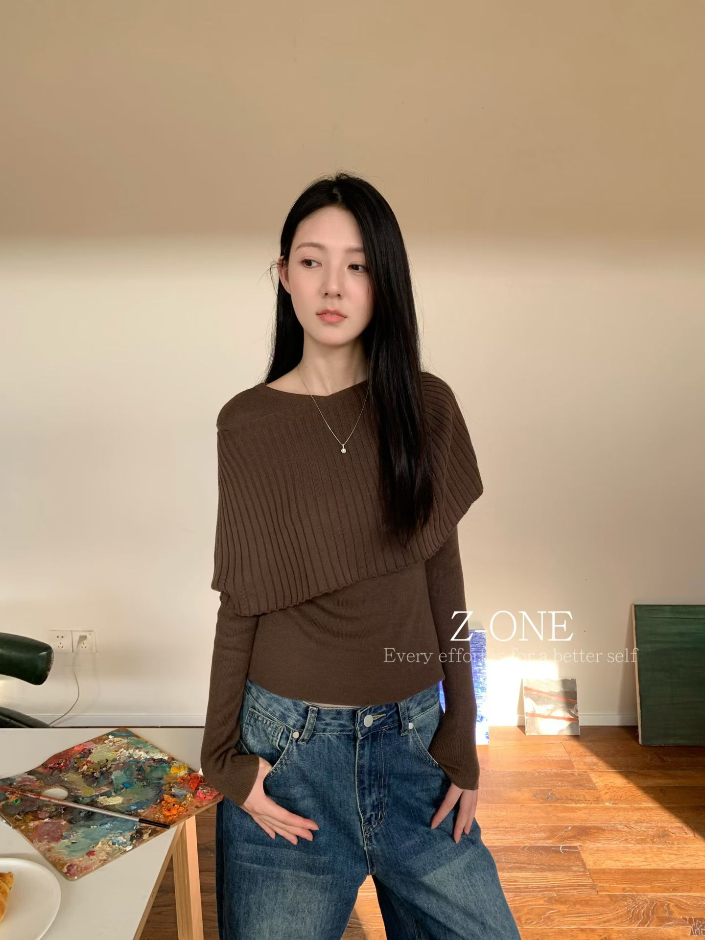 Z‑ONE一字肩披肩针织两件套女早秋小众叠穿毛衣多色简约气质上衣