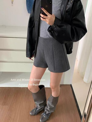 AME正品2025冬季新款洋气百搭显瘦设计感加厚毛呢A字短裤女