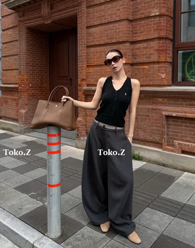 Toko.Z秋季撞色腰西装阔腿裤高腰双扣打褶宽松遮胯拖地休闲女裤子