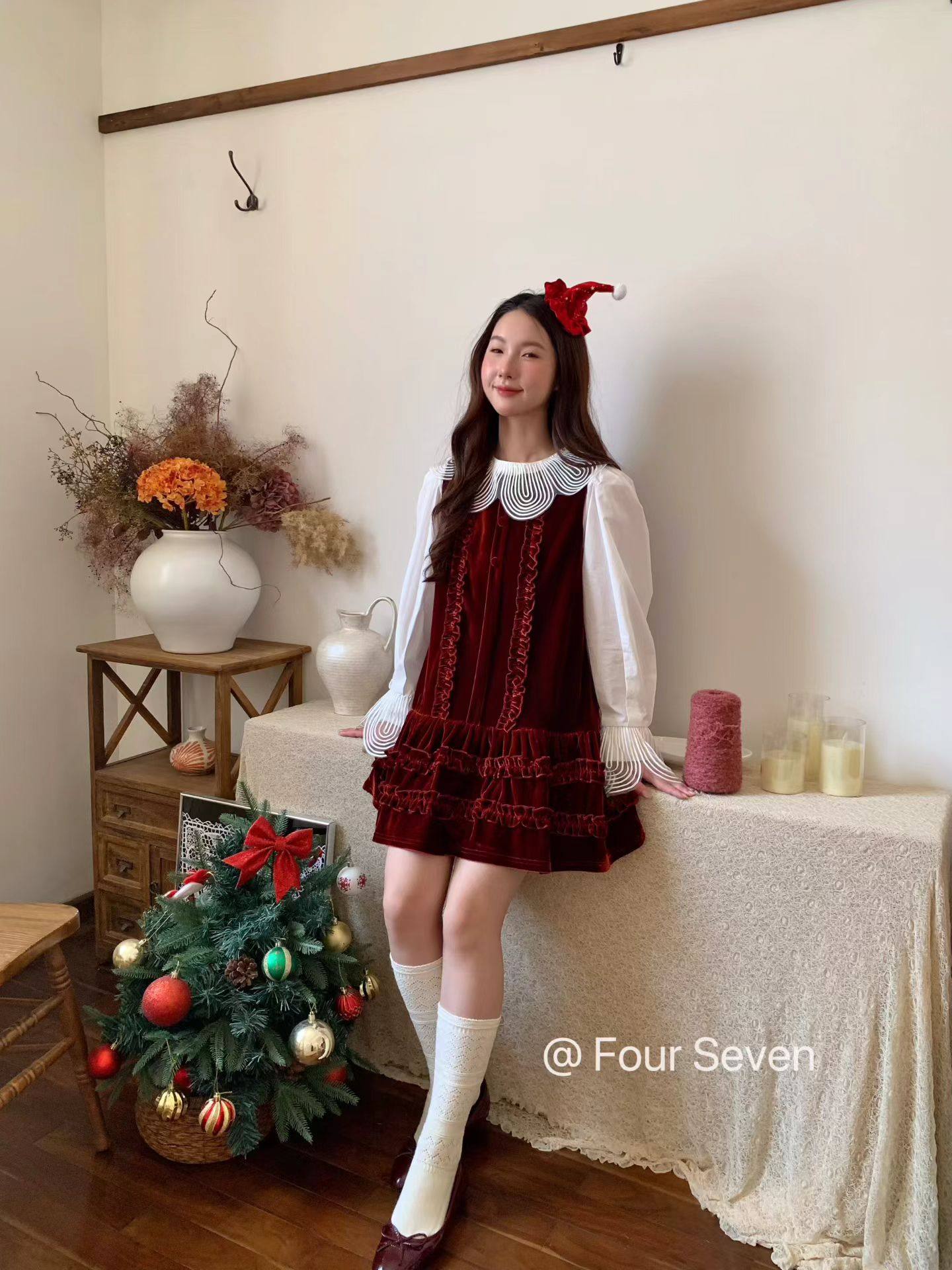 Fourseven十三行丝绒木耳边背心裙秋冬新款加绒百搭连衣裙背心裙