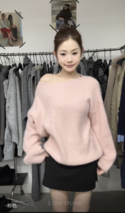 净色休闲慵懒风彩长袖 新款 秋冬时尚 斜领毛衣上衣糖果色 one韩版