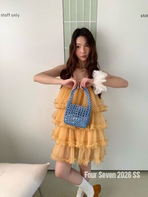 Four seven2026年新款法式复古网纱吊带连衣裙女夏季蛋糕裙无袖