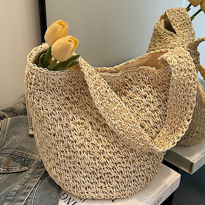 森系洋气草编水桶小包包