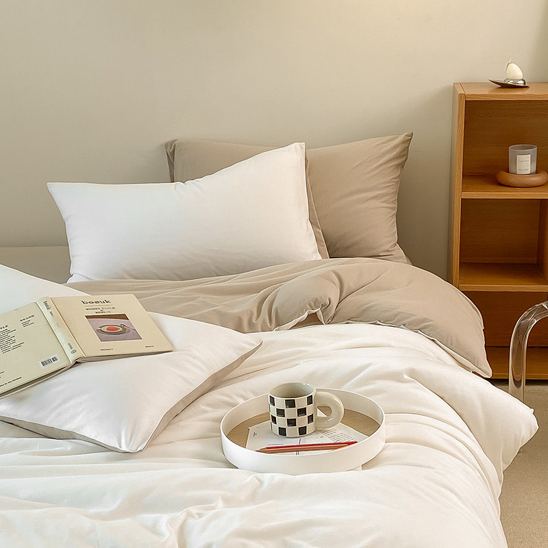 纯白色超柔裸睡全棉天竺棉四件套日式亲肤纯棉针织棉被套床单床品