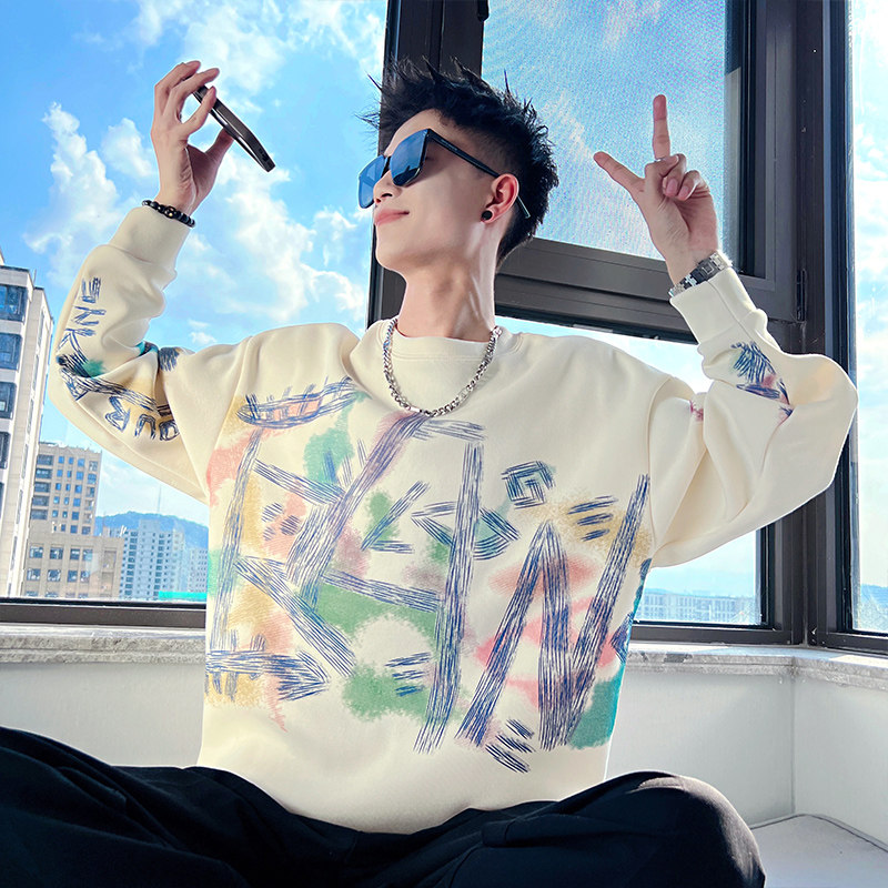 B97/P78控108高级感涂鸦卫衣ins潮牌春秋套头假两件长袖帅气男2,男装卫衣,电商A256