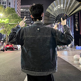 J109/P155控205痞帅小伙假两件格子拼接牛仔夹克外套男，男装夹克，电商A256