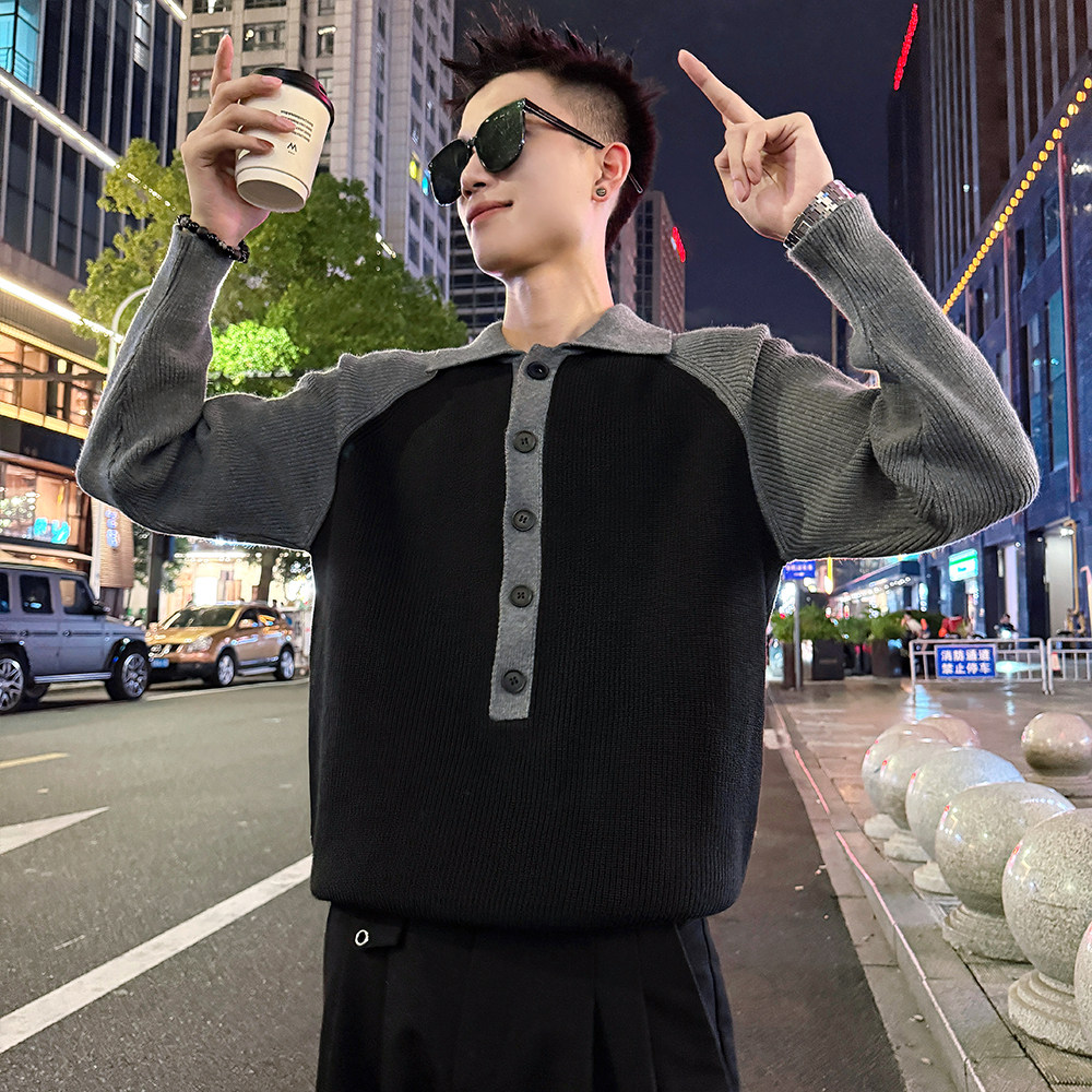 MC203/P88控118插肩袖排扣毛衣帅气个性撞色针织打底衫男1,男装T恤,电商A256