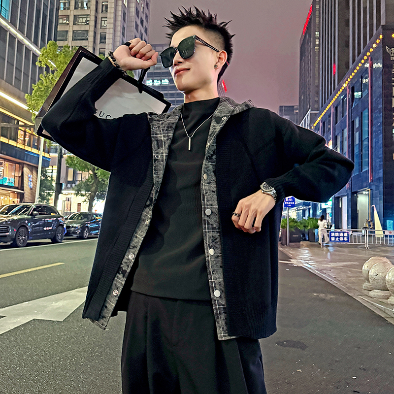 MC200/P110控150毛衣假两件格子带帽开衫针织外套男2，男装针织衫/毛衣，电商A256