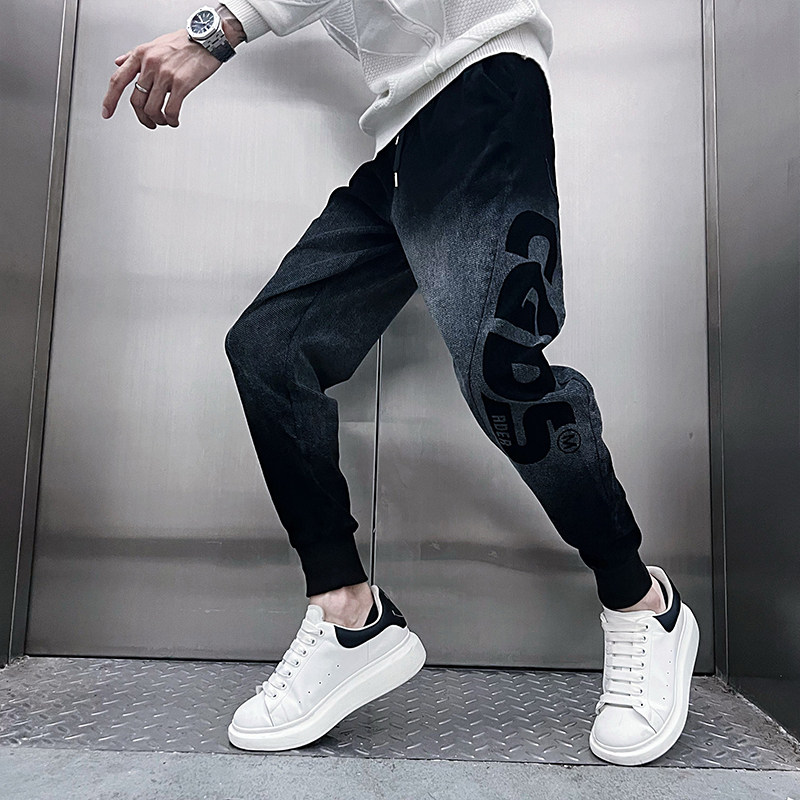 K23/P85控115青少年小伙雪尼尔大字母提花痞帅束脚哈伦裤长裤男,男装休闲裤,电商A256