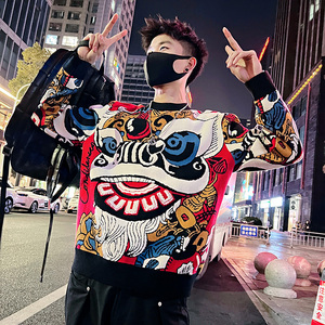 MC150/特P98控138秋冬加厚帅气小伙过年醒狮提花套头毛衣红色男2