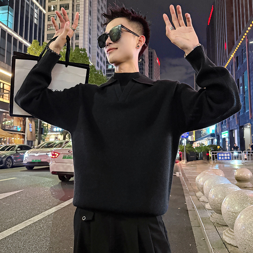 MC206/P88控118假两件双领毛衣帅气简约纯色百搭针织打底衫男1,男装T恤,电商A256