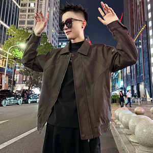 J180/P128控168 结构暗纹上衣翻领皮夹克痞帅小伙外套男3图片