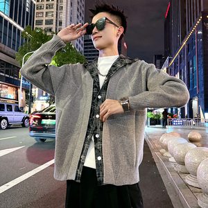 MC200/P110控150 毛衣假两件格子带帽开衫针织外套男1图片