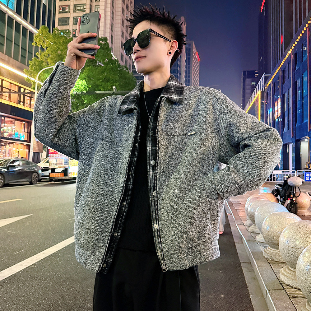 J183/特P158控208格子假两件花线呢料痞帅小伙外套男3,女装短外套,电商A256