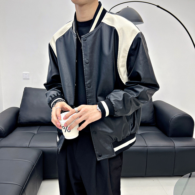 J110/P118控158痞帅小伙拼色棒球领拼接皮衣夹克帅气皮衣外套男,男装夹克,电商A256