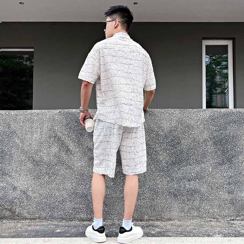 FT13-P98控138破洞条纹衬衫短裤套装男白2,男装休闲套装,电商A256