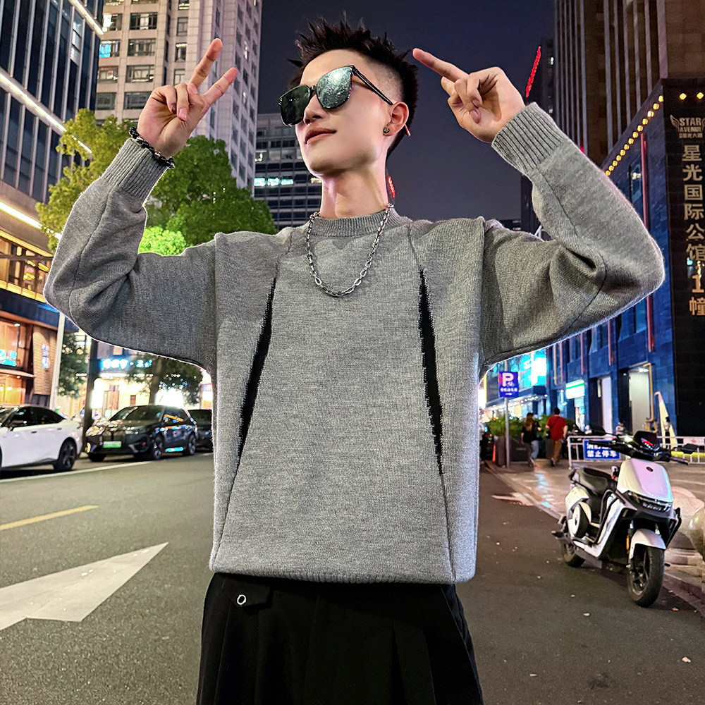 MC208/P88控118撞色假两件双领毛衣帅气小伙针织打底衫男2,男装T恤,电商A256