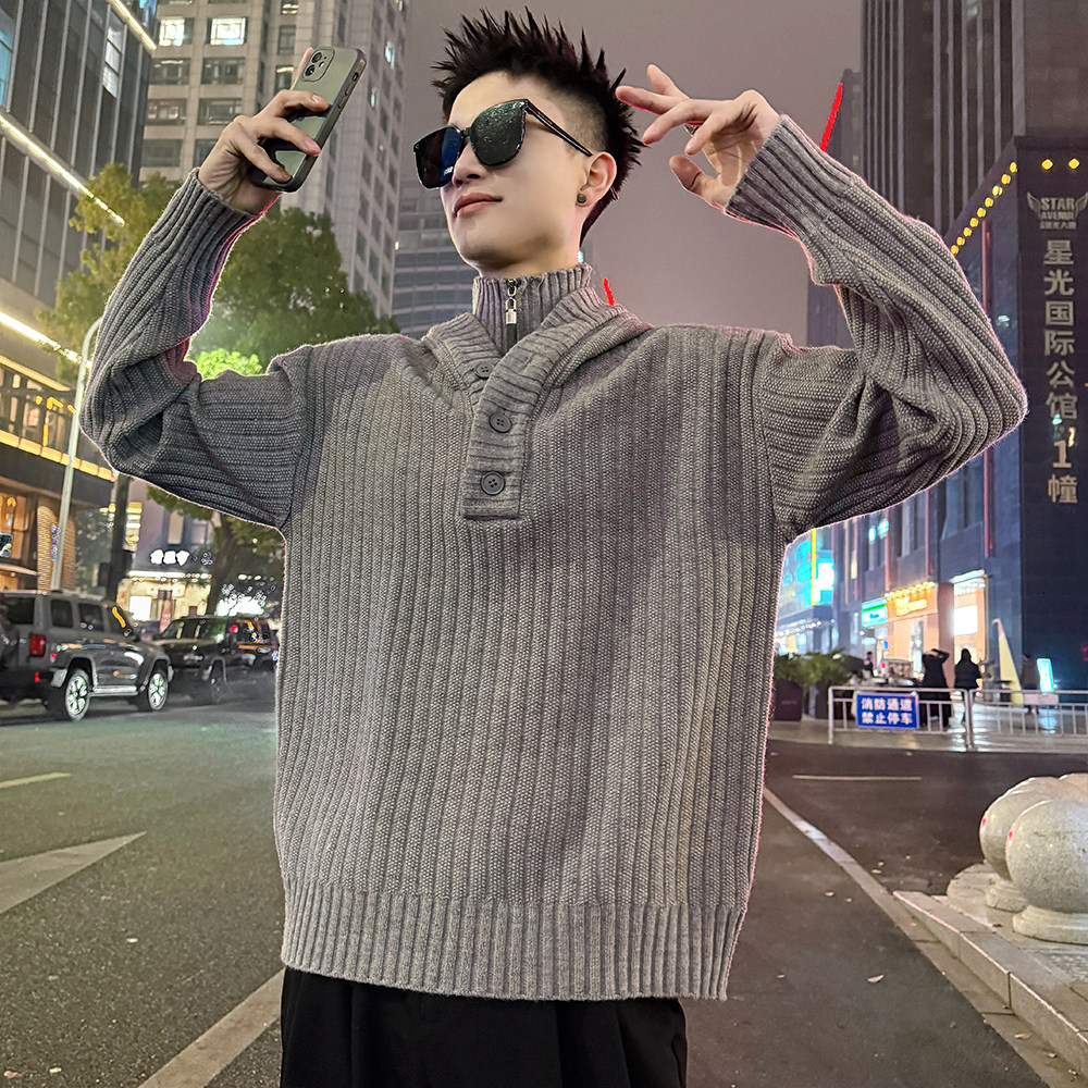 MC221/P98控138假两件连帽扣子拉链立领龙叨叨同款毛衣4，男装针织衫/毛衣，电商A256