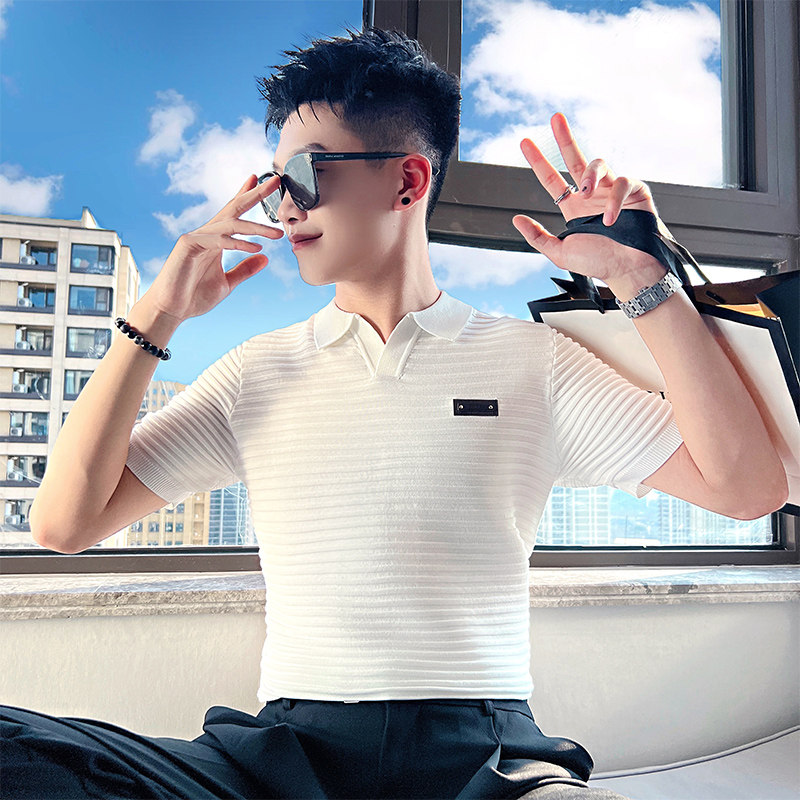 T209-P58控78翻领贴标针织短袖横条纹男白1图片