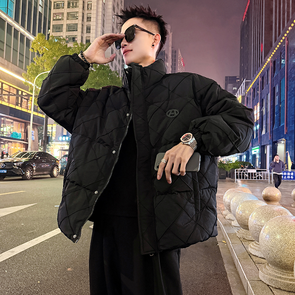 A206/P138控178压皱菱形格阔版棉衣外套上衣男1，男装棉衣，电商A256