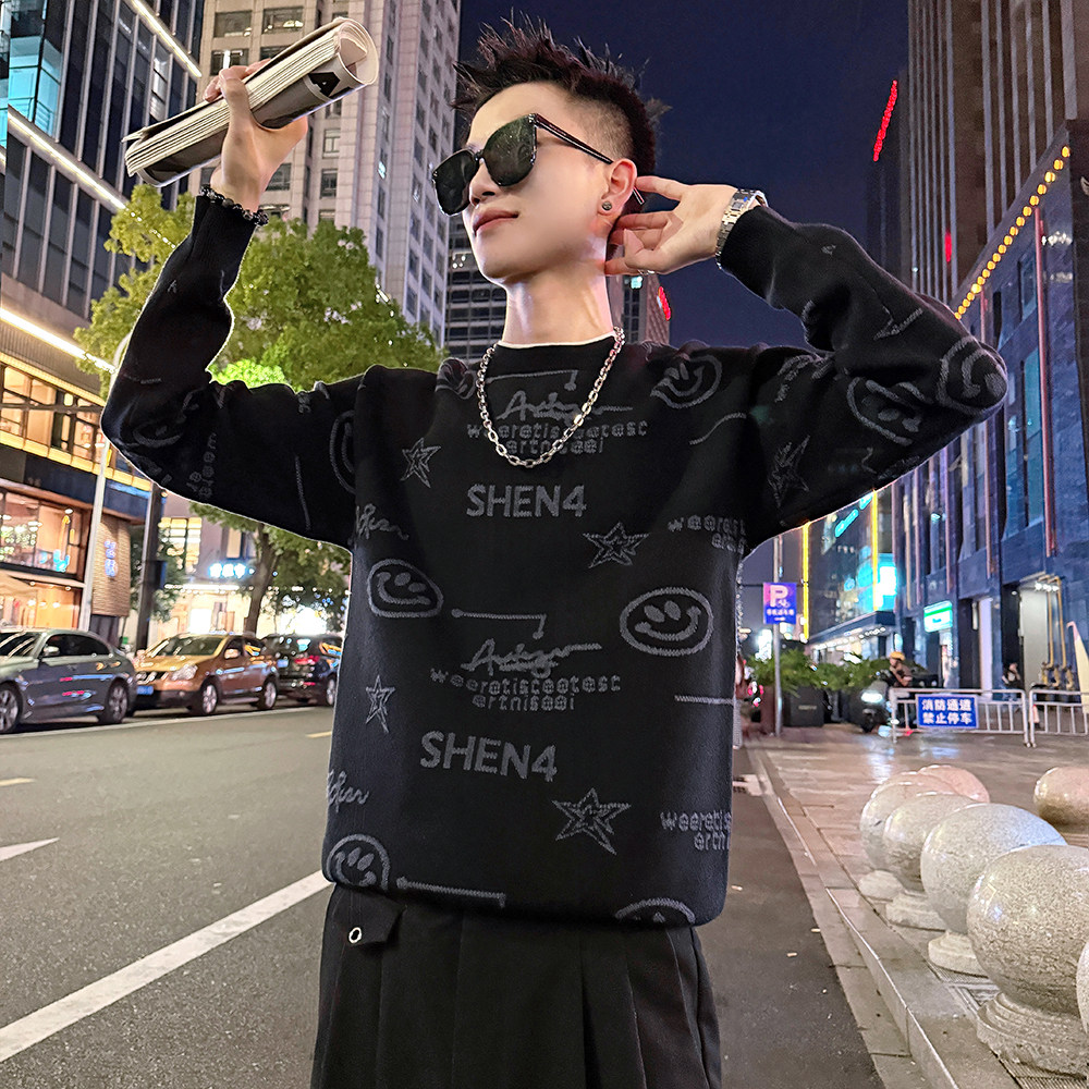 MC217/P78控108假两件领提花字母卡通个性毛衣针织打底衫男3,男装T恤,电商A256