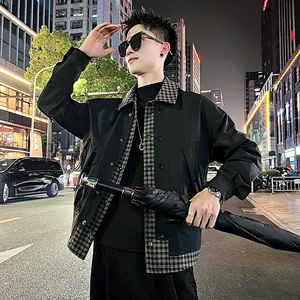 J107/P118控158 痞帅小伙假两件格子领拼接夹克帅气外套男卡图片