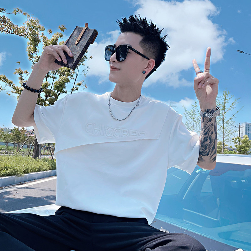 V90-特P55控75夏设计师款社会小伙韩版假两件立体绣字母T恤1,男装T恤,电商A256