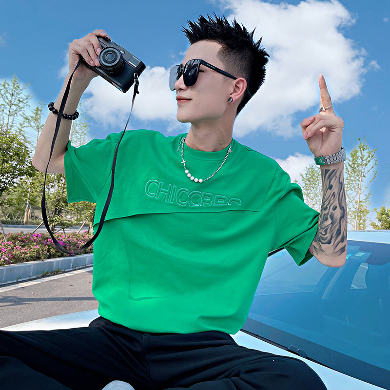 V90-特P55控75夏设计师款社会小伙韩版假两件立体绣字母T恤1,男装T恤,电商A256