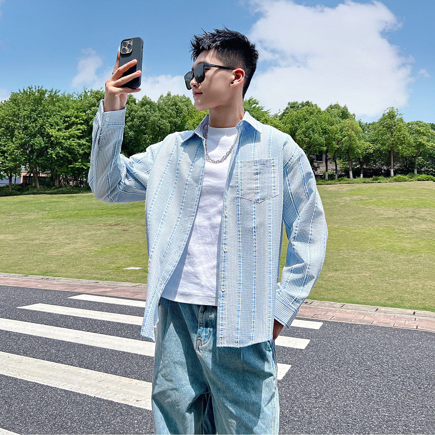 F23-P68控98很仙帅气防晒格子条纹长袖外套薄上衣男蓝1,男装防晒衣,电商A256